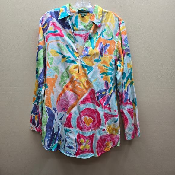 Lauren Ralph Lauren Tops - Lauren Ralph Lauren Long Sleeve Watercolor Tunic Multicolor Art To Wear SZ Large